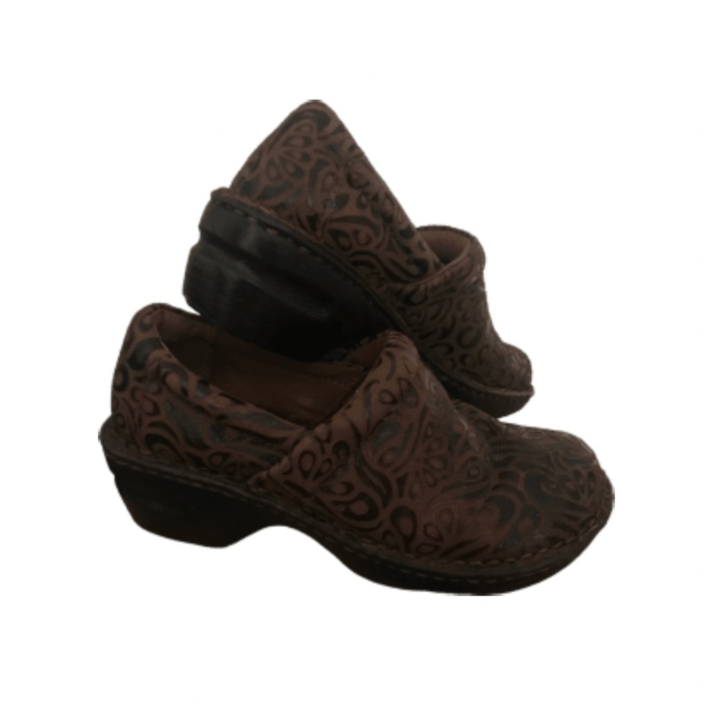 B.O.C. Genuine Leather Brown Floral Print Embossed Mule Slip On Clogs 7.5 38.5